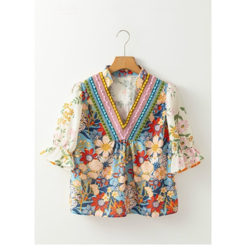 Orange and Blue Graphic Flutter Sleeve Blouse